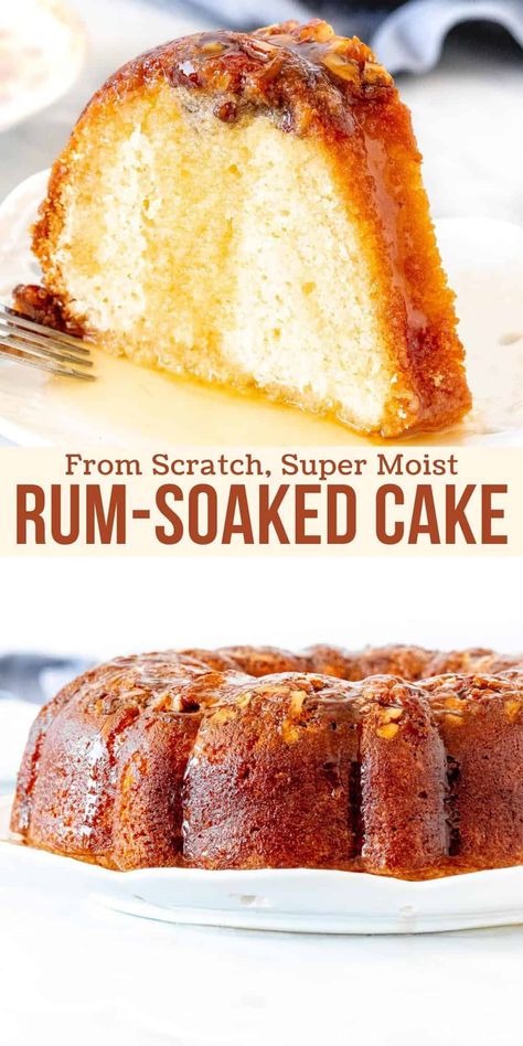 This classic rum cake is made from scratch and soaked in a delicious rum butter sauce. It's tender, flavorful and the perfect homemade version of the famous Bacardi rum cake! #rum #rumcake #pecans #fromscratch #recipe #holidays #dessert #rumsoaked from Just So Tasty Easy Rum Cake Recipe, Bacardi Rum Cake Recipe, Easy Rum Cake, Rum Cake From Scratch, Rum Soaked Cake, Rum Bundt Cake, Rum Cake Recipe Easy, Soaked Cake, Easy Christmas Cake Recipe