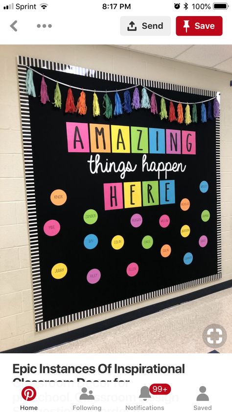 Wildflower Room, Amazing Things Happen Here, Elementary Bulletin Boards, Work Bulletin Boards, Teacher Bulletin Boards, Preschool Decor, Preschool Bulletin, Church Bulletin Boards, Preschool Classroom Decor