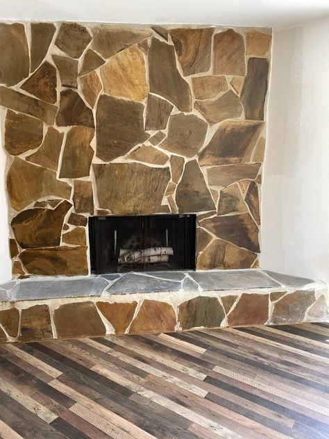 Living Room Transformation Stage 4: Whitewashing the Stone Fireplace - Curious and Cozy Whitewash Stone Fireplace, Chalk Paint Brushes, Rock Steps, Laminate Plank Flooring, Chalk Furniture, Living Room Transformation, Paint Fireplace, Popcorn Ceiling, Room Transformation