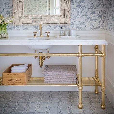 Palmer Industries on Instagram: “A custom Ball style sink leg system finished in un-lacquered polished brass featuring a hotel style tubular metal shelf created for Monika…” Monika Hibbs, Beaded Mirror, Wall Vanity, The Tile Shop, Powder Bath, Marble Mosaic, Metal Hangers, Half Bath, Home Candles