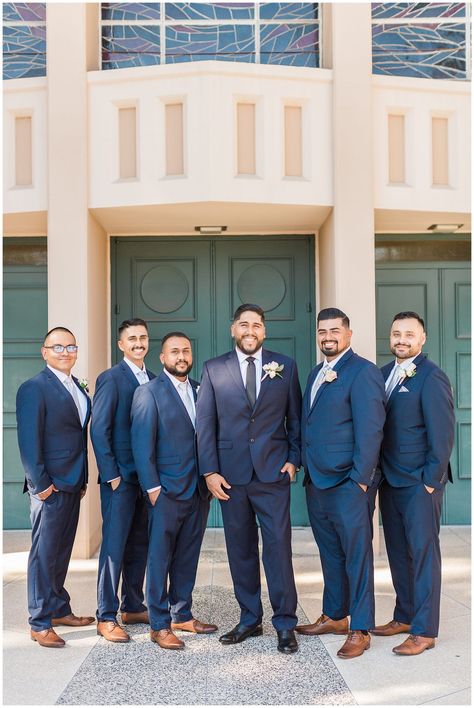 Groomsmen wearing navy suits and brown suits where the groom stands out with a slightly different share and dark shoes. Katie Jane Photo | Colorado Wedding Photographer | via thekatiejanephoto.com Shoes For Navy Blue Suit, Navy Blue Suit Brown Shoes, Blue Suit Shoes, Navy Suit Brown Shoes, Chambelan Outfits, Blue Suit Brown Shoes, Brown Groomsmen, Navy Blue Suit Wedding, Romantic Backyard Wedding