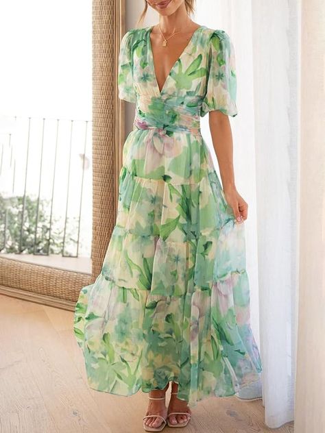 Sissyaki Women's V Neck Puff Sleeve Floral Maxi Dresses Casual Party Wedding Guest Flowy Long Dress A#Green Small at Amazon Women’s Clothing store Dresses Casual Party, Flowy Long Dress, Floral Maxi Dresses, Flowy Dress Long, Chiffon Long Dress, Long Green Dress, Velvet Dress Long, Long Dress Design, Boho Floral Dress