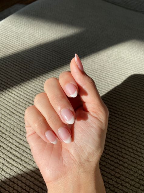 Shorter Almond French Tip Nails, Round Mail French Tip, White French Tip Short Almond Nails, Classic Almond French Nails, Almond French Tip Dip Nails, White Dip Almond Nails, Dip Powder Nails With French Tip, Dip With Tip Nails Almond, Dip French Manicure Almond