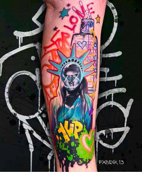 Tattoo artist Anjelika Kartasheva, color artistic tattoo realism with graffiti art | Rostov-On-Don, Russia Leg Tattoos With Color, Neon Tattoo Ideas, Pop Art Tattoo Design, Graffiti Style Tattoo, Tattoo Graffiti Style, Mixed Style Tattoo, Graffiti Tattoo Ideas, Graffiti Art Tattoo, Mixed Style Tattoo Sleeve