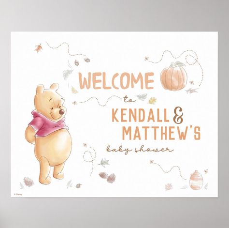 Welcome your guests with this sweet Winnie the Pooh Baby Shower Welcome sign. Personalize by adding your names! Pooh Pumpkin, Winnie The Pooh Fall, Simple Baby Shower Ideas, Winnie The Pooh Pumpkin, Pooh Baby Shower Ideas, Fall First Birthday, Unique Baby Shower Themes, Pumpkin 1st Birthdays, Pooh Birthday