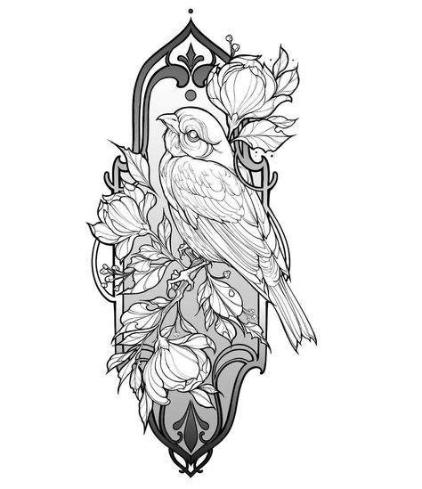 Bird And Flower Tattoos For Women, Neo Trad Bird Tattoo, Neo Romanticism Tattoo, Neotrad Bird Tattoo, Neo Traditional Hummingbird, Feminine Tattoo Stencil, Griffin Tattoo Feminine, Bird Tattoo Sketch, Amphora Drawing