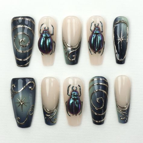 Beatle Nails Art, Steam Punk Nails, Cryptid Nails, Beetle Nail Art, Nails Alternative Style, Eccentric Nails, Moth Nails, Beetle Nails, Bug Nail Art