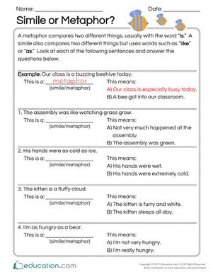 Is that a simile or metaphor that you see? Look for clues like the words “like,” “as,” or “is” to help you figure it out! This multiple-choice reading worksheet challenges students to read several statements and decide if they are similes or metaphors. This worksheet opens up the conversation on figurative language and pairs well with the second-grade curriculum. #educationdotcom Simile Lesson, Metaphor Worksheet, Writing Metaphors, Simile Vs Metaphor, Metaphor Activities, Simile And Metaphor, Simile Worksheet, Sensory Words, Poetry Worksheets