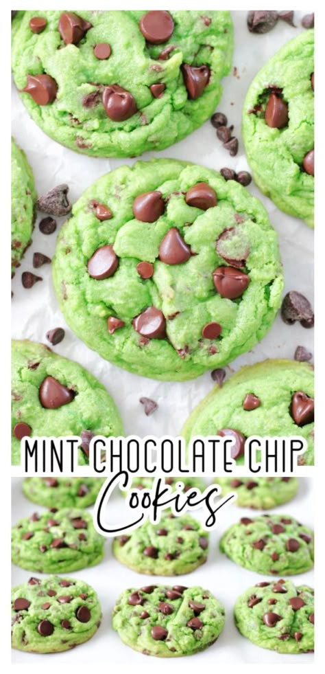 mint chocolate chip cookies Mint Chocolate Chip Recipes, Chocolate Chip Mint Cookies Recipes, Mint Chocolate Chip Dessert Recipes, Chocolate Cookies With Mint Chips, Chocolate Mint Chip Cookies, Chocolate Chip Mint, Mint Chip Cookies, Gourmet Chocolate Chip Cookies, Mint Choc Chip