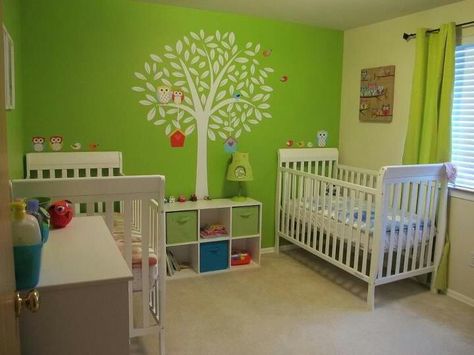 Lime green and owls twin nursery Lime Green Accent Wall, Lime Green Paint Colors Behr, Lime Green Nursery, Lime Green Curtains, Lime Green Bedrooms, Kids Room Murals, Green Nursery, Nursery Design, Boy Nursery