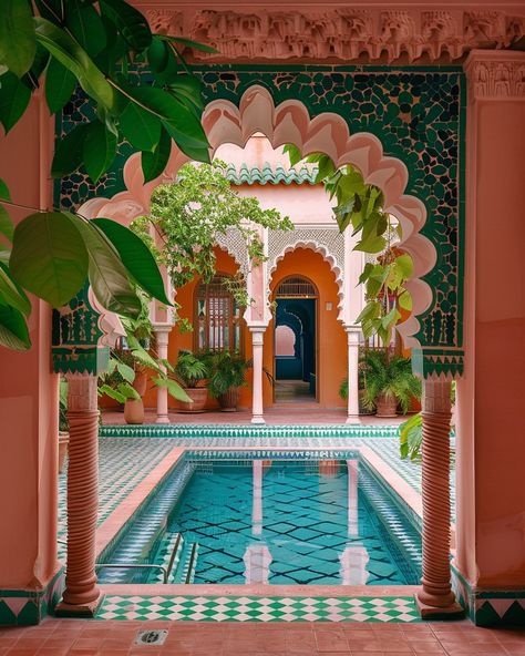 Arches to paradise 🌱🧡 #mediterranean #mediterraneanarchitecture #architecture #architecturedaily #architecturaldesign #pinkandgreen #aiarchitecture #aicommunity #aidreamscapes #aidesign #thisisnotreal Colorful Mediterranean Interior, Colorful Courtyard, Lake House Airbnb, Maximalist Garden, Marrakech House, Houses For Sale Near Me, Bohemian Architecture, Moroccan Arch, Lake House Rentals