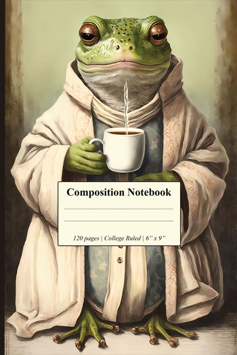 Vintage Aesthetic Lined Composition Notebook, Cottagecore design Frog in Robe with Morning Coffee Morning Coffee Illustration, Aesthetic Composition Notebook, Aesthetic Composition, Composition Notebook Journal, Cottagecore Design, Coffee Drawing, Coffee Illustration, Funny Frogs, Frog Art