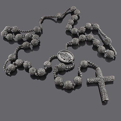 10K Gold Black Diamond Rosary Necklace 115.55ct Diamond Rosary, Diamond Chains For Men, Gold Rosary Necklace, Black Diamond Chain, Rosary Style Necklace, White Diamond Necklace, Black Diamond Necklace, Diamond Circle Pendant, Black Diamond Jewelry