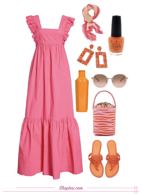 Colorful Put Together Outfit, Long Dress Outfit Casual, Pink Summer Dress Outfit, Orange Pink Outfit, Spring Maxi Dress Outfit, Summer Maxi Dress Outfit, Pink Maxi Dress Outfit, Pink Dress Outfit Casual, Summer Outfits Pink