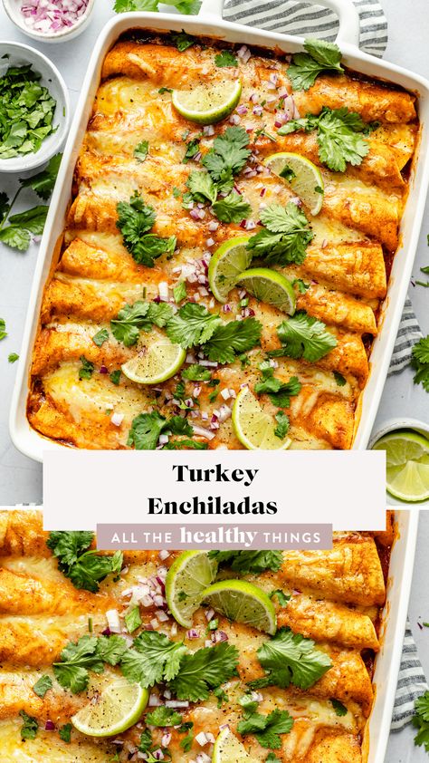 These delicious leftover Turkey Enchiladas are a great way to repurpose leftover roasted turkey. They're cheesy, flavorful, easy to make, and so delicious! Leftover Turkey Tacos, Mexican Turkey Recipes, Turkey Breast Leftover Recipes, Mexican Thanksgiving Dinner, Leftover Turkey Enchiladas, Pomegranate Desserts, Mexican Thanksgiving, Family Meal Planning Healthy, Aip Meals