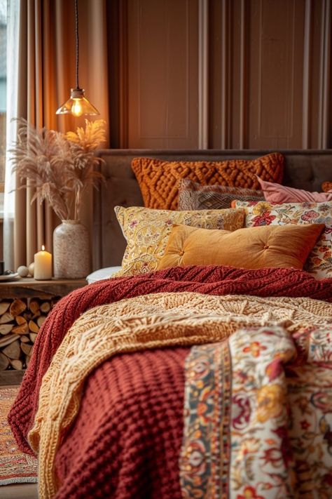 Taupe And Orange Bedding, Cozy Fall Bed, Layered Bedding Ideas, Autumn Bedding, Organizing Walk In Closet, Cozy Fall Bedroom, Fall Bedroom Decor, Mantel Design, Fall Bedding