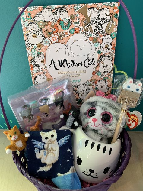 Cat Themed Gift Basket, Themed Easter Baskets, Cat Gift Basket, Ferndale Michigan, Donation Ideas, Easter Basket Themes, Ypsilanti Michigan, Unicorn Store, Easter Cats