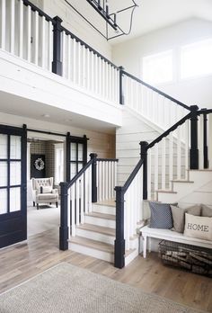 Black Stair Railing, Black And White Stairs, White Stairs, Exterior Stairs, Staircase Makeover, Unique Mugs, Stair Case, Foyer Decorating, House Stairs