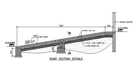 Ramp Section CAD Drawing Download DWG File - Cadbull Ramp Detail Section, Parking Ramp Design, Ada Ramp, Ramps Architecture, Outdoor Ramp, Plan 2d, Ramp Design, Curb Ramp, Section Drawing