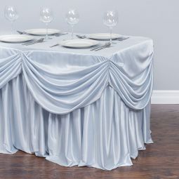 8 ft. Drape Chiffon All-In-1 Tablecloth/Pleated Skirt Tutu Table, Fitted Tablecloths, Inexpensive Wedding Venues, Event Table, Table Skirt, Wedding Store, Wedding Preparation, Wedding Stage, Online Wedding