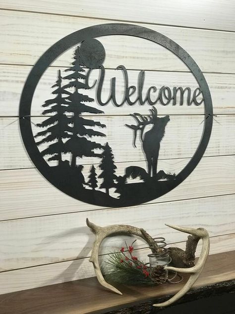 Lodge Signs, Rustic Metal Decor, Metal Welcome Sign, Custom Metal Art, Deer Hunter, Hunting Lodge, Word Wall Art, Monogram Signs, Hunting Gifts