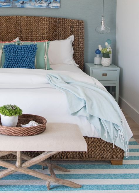 Coastal Blue Bedroom, Seagrass Headboard, Lakehouse Bedroom, Headboard Bedroom, Lake House Bedroom, Galveston Beach, Rustic Bedroom Design, Beach House Bedroom, Pastel Room