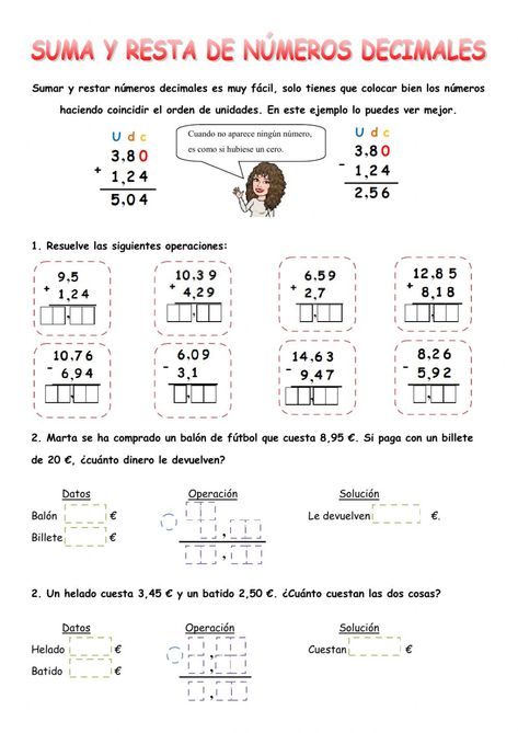 Actividad interactiva de Operaciones con números decimales para Primaria. Puedes hacer los ejercicios online o descargar la ficha como pdf. Spanish Class, Math For Kids, Fifth Grade, Teacher Life, Logic, Homework, Education