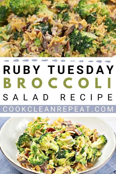 This Ruby Tuesday broccoli salad is perfect as a side dish, a quick lunch, and more. I like to make a batch and after a day or two in the refrigerator it’s even better! Now is the time to collect all of your favorite Ruby Tuesday Copycat salad bar recipes. Copycat Salad, Brócoli Salad, Ruby Tuesday Recipes, Unique Pasta Salad, Broccoli Salad With Cranberries, Broccoli Cauliflower Salad, Broccoli Salad Bacon, Apple Salad Recipes, Ruby Tuesday