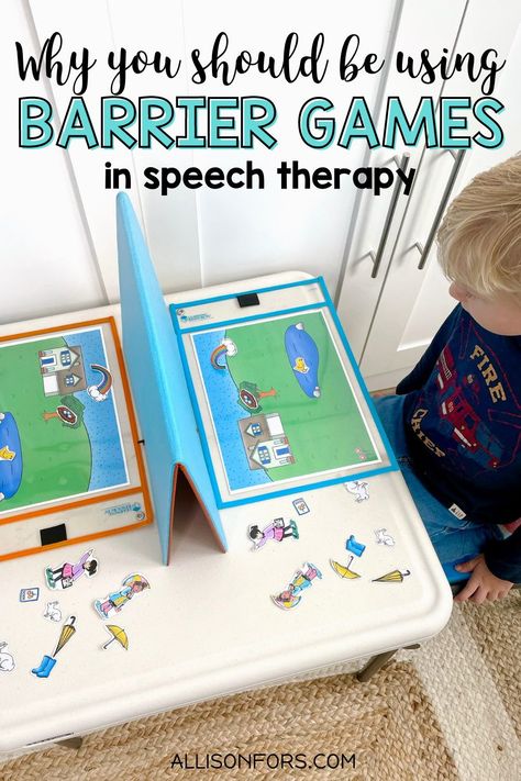 Use barrier games in speech therapy to target social skills, expressive and receptive language skills, and much more. Barrier games are a fun way to encourage conversation between students. You could even have a child give YOU some directions to follow as you play together! Mod Severe Speech Therapy, Speech Language Therapy Activities Middle School, Eyfs Activities Communication And Language, Speech Therapy Social Skills, Speech Therapy Vocabulary Activities, Speech And Language Activities Eyfs, Language Games For Preschool, Preschool Speech And Language Activities, Free Speech Therapy Activities