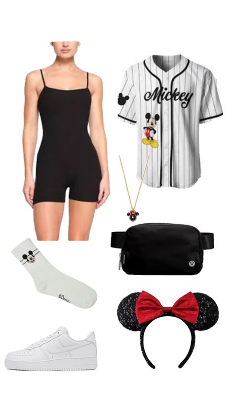 Black jumpsuit, Disney jersey, Fanny pack, white sneakers…. Disney Jersey Outfit, Sports Jersey Outfit, Disney Jersey, Disney Outfit Inspo, Disney 2024, Outfits Athletic, Disney Outfit, Disney Inspired Outfits, Jersey Outfit