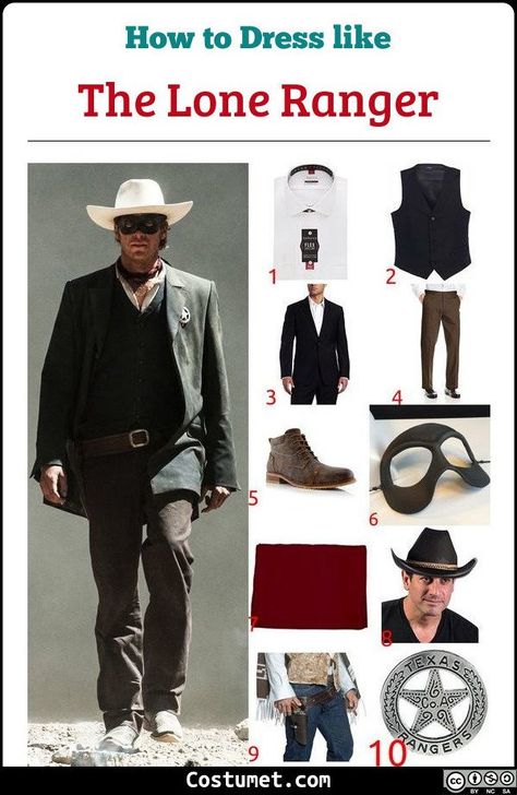 John Reid, the lone ranger costume is a white dress shirt underneath a black vest and blazer, brown pants, a red scarf, and a black eye mask. He also sports a white cowboy hat and his Texas Ranger star. #Male #male #movies #Disney #western #cowboy #TheLoneRanger #sheriff Movie Costume Ideas Men, Boys Diy Halloween Costumes, Lone Ranger Costume, Cowboy Costume For Men, Costume Ideas Men, Black Eye Mask, Cowboy Halloween Costume, Film Theme, Ranger Costume