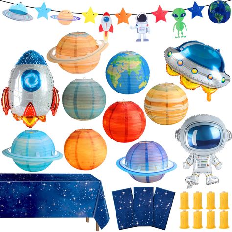 PRICES MAY VARY. You Will Receive: there are 24 pieces of space party decorations, including 8 pieces of planet paper lanterns, 8 pieces of LED lantern lights, 3 pieces of galaxy tablecloths, 2 pieces of space hanging banners, 1 piece of rocket balloon, 1 piece of astronaut balloon, 1 piece of UFO balloon, sufficient quantities and diverse styles can meet your party decoration needs Proper Size: the space tablecloth is about 54 x 108 inch, the space banners have an average cardboard size of 6 x Plastic Tablecloth Garland, Tablecloth Garland, Rocket Balloon, Space Themed Party, Space Party Decorations, Space Banner, Hanging Paper Lanterns, Space Theme Party, Outer Space Party