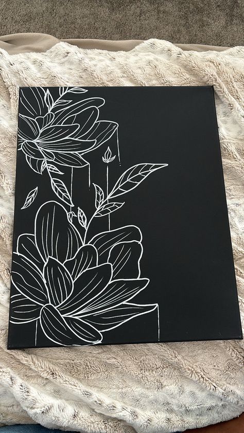 Acrylic painting on 16x20 in unframed canvas. Canvas complete with glossy varnish on top. Black Canvas Ideas, Black Canvas Paintings Easy, Black Colour Background, Black Canvas Paintings, Black Paper Drawing, Plant Painting, Sketches Simple, Sketchbook Ideas, Black And White Canvas