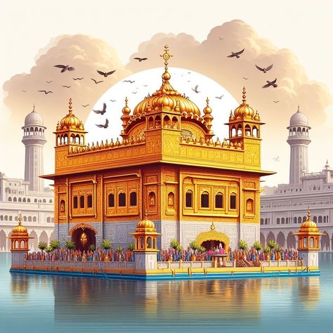 Gurudwara Golden Temple, Gurdwara Golden Temple, Punjab Golden Temple, Golden Temple Amritsar Painting, Harmandir Sahib Drawing, Shri Harmandir Sahib Ji, Golden Temple Illustration, Amritsar Illustration, Harmandir Sahib Wallpaper