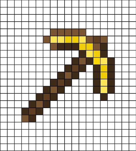 Pixel art template of a golden pickaxe from Minecraft. Used to mine stone and some other special items. Painting Minecraft, Kare Kare, Graph Paper Drawings, Hama Beads Minecraft, Minecraft Characters, Easy Pixel Art, Pixel Drawing, Pixel Art Grid, Painting Templates