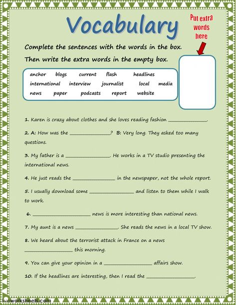 Vocabulary: Mass media worksheet News Vocabulary, Vocabulary Activities Elementary, Esl Materials, English Tutor, Elementary Worksheets, Vocabulary Exercises, English Exercises, Vocabulary Lessons, Newspaper Headlines