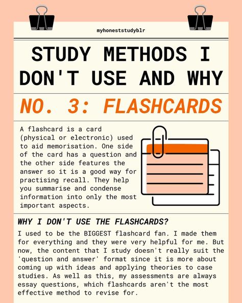 📚 study methods that I DON’T use and why 📚 • QOTD: what do you study? • 💾 𝙎𝙖𝙫𝙚 𝙖𝙣𝙙 𝙨𝙝𝙖𝙧𝙚 𝙩𝙝𝙞𝙨 𝙥𝙤𝙨𝙩 𝙛𝙤𝙧 𝙧𝙚𝙛𝙚𝙧𝙚𝙣𝙘𝙚 𝙖𝙣𝙙 𝙩𝙤 𝙝𝙚𝙡𝙥 𝙚𝙣𝙜𝙖𝙜𝙚𝙢𝙚𝙣𝙩! (𝙖𝙣𝙙 𝙛𝙤𝙡𝙡𝙤𝙬 @myhoneststudyblr 𝙛𝙤𝙧 𝙢𝙤𝙧𝙚!) • ⬅️ 𝙨𝙬𝙞𝙥𝙚 𝙩𝙤 𝙨𝙚𝙚 𝙢𝙮 𝙩𝙞𝙥𝙨 • I have done lots of posts talking about how I study and the methods I use to revise for exams. And a little while ago I shared my four favourite methods which you were all interested in! But I thought today I should share the methods that I DON’T use and why exactly they aren’t useful for m... Sin Cos, Study Method, Studying Tips, Finanse Osobiste, School Study Ideas, Student Journal, Study Apps, Best Study Tips, Study Tips For Students