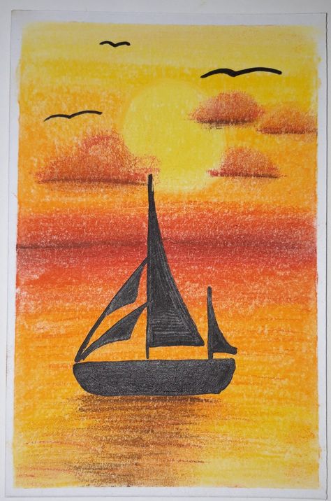 #sea #sunset #boat #drypastel Sea Drawing Pencil Color, Beach Sunset Drawing Colored Pencil, Sea Sunset Drawing, The Sea Drawing, Sunset Drawing, Artistic Drawings, Drawing Sunset, Sea Drawing, Analogues Colour