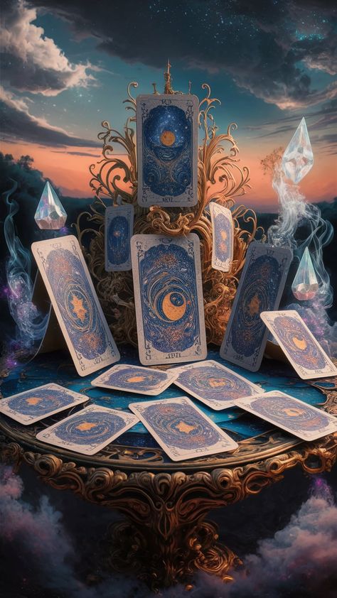 Immerse yourself in a mesmerizing tarot wallpaper featuring an ornate table adorned with a mystical deck of intricately designed cards. Vibrant colors and art nouveau patterns blend with celestial motifs, surrounded by shimmering crystals and ethereal smoke. This dreamy impressionist landscape evokes a world of mystical wonder. Perfect for tarot enthusiasts and lovers of enchanting visuals. #TarotWallpaper #MysticalArt #ArtNouveau #CelestialDesigns Celestial Tarot Cards, Surreal Wallpaper, Celestial Motifs, Art Nouveau Pattern, Impressionist Landscape, Mystical Art, Tarot Cards, Surrealism, Art Nouveau