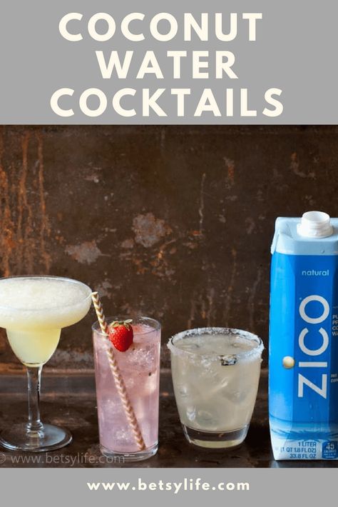 You know coconut water is full of electrolytes and minerals, but it's also delish in adult beverages! Try all of these awesome coconut water cocktails — Spicy Tequila & Lemonade Cocktail, Frozen Pineapple Coconut Rum, and Sparkling Strawberry Gin! #betsylife #coconutwater #coconutwatercocktails #healthyadultdrinks Coconut Water Drinks Alcohol, Cocktail With Coconut Water, Rum And Coconut Water, Vodka Coconut Water Cocktails, Coconut Water Mixed Drinks, Coconut Water Alcoholic Drinks, Drinks Made With Coconut Water, Coconut Water Cocktail Recipes, Coconut Water Mocktail