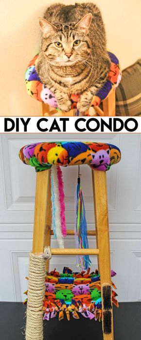 DIY Cat Condo made from an Old Stool - Want to create a Cat Tree for your cat? Make this Cat Condo from an old stool. This cat perch includes a scratching post and hammock. #CatsLoveNutrish [ad] Diy Cat Condo, Diy Jouet Pour Chat, Cat Trees Homemade, Chat Diy, Homemade Cat Toys, Diy Cat Tree, Diy Cat Toys, Cats Diy Projects, Cat Perch