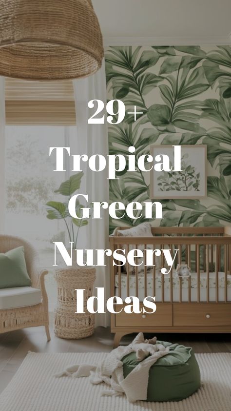 A beautifully designed nursery featuring tropical green accents, lush foliage-inspired decor, and cozy jungle-themed elements for a serene and playful space. Monstera Leaf Nursery, Green Theme Nursery, Rainforest Nursery Theme, Plant Theme Nursery, Nursery With Plants, Plant Baby Nursery, Jungle Theme Baby Room, Tropical Baby Nursery, Nursery Jungle Theme