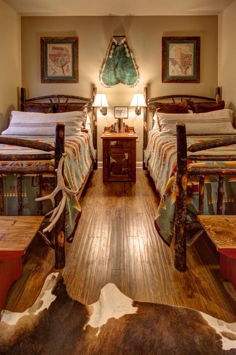 See how this lodge-style bedroom blends rustic and Southwestern styles on HGTV.com. Lodge Style Bedroom, Southwestern Bedroom, Lodge Bedroom, Cabin Bedroom, Cabin Living, Lodge Style, Southwestern Decorating, Lodge Decor, Rustic Lodge