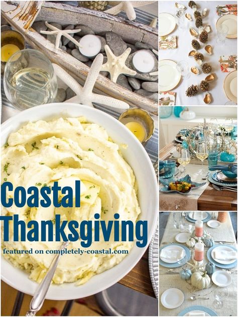 Coastal Thanksgiving Table Settings, Coastal Thanksgiving Tablescapes, Thanksgiving At The Beach, Coastal Thanksgiving Decor, Seashell Table Decor, Coastal Centerpiece Ideas, Tabletop Decor Ideas, Coastal Fall Decor Ideas, Beach Thanksgiving