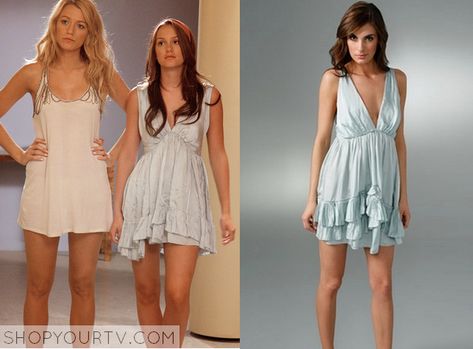 Gossip Girl: Season 2 Episode 2 Blair's Silk Ruffle Dress | Shop Your TV Blair Waldorf Nightgown, Blair Waldorf Nightwear, Blair Waldorf Pajamas, Gossip Girl Season 2, French Girl Fashion, Hamptons Dress, Blair Waldorf Gossip Girl, Blue Ruffle Top, Gossip Girl Blair