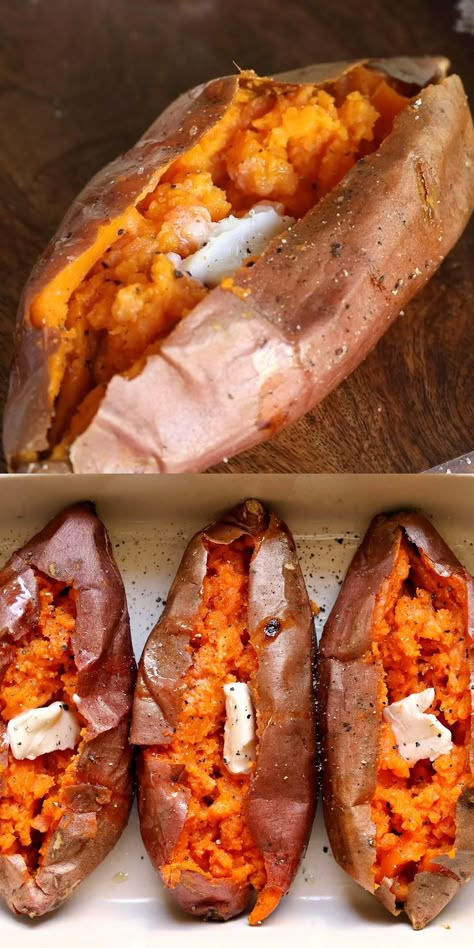 Easy Baked Sweet Potato, Sweet Potato Recipes Roasted, Sweet Potato Recipes Baked, Mom On Timeout, Plats Healthy, Baked Sweet Potatoes, Resep Diet, Cooking Sweet Potatoes, God Mat