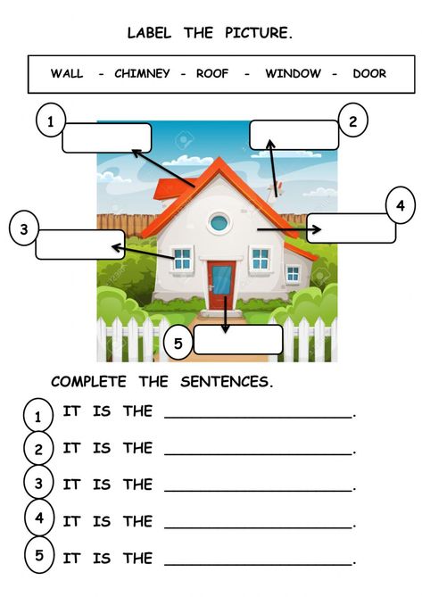 Parts Of A House Worksheet, Parts Of The House Worksheet For Kids, My House Worksheet For Preschool, Parts Of The House Worksheet, Greetings Worksheets, House Worksheet, Handwriting Worksheets For Kids, Cvc Words Kindergarten, English Activities For Kids