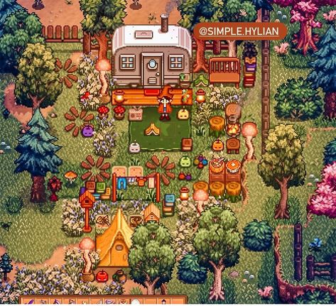 Stardew Valley Waterfall Forest Farm, Stardew Grandpas Farm, Stardew Valley Wood Farm Layout, Stardew Valley Coffee Shop, Stardew Valley Strawberry House, River Land Farm Stardew, Stardew Valley Farm Aesthetic, Stardew Valley Halloween, Stardew Valley Farm Decoration