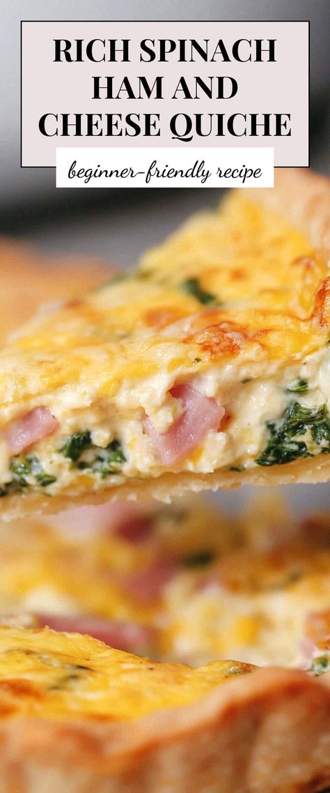 Image for Rich Spinach Ham and Cheese Quiche Ham Swiss Spinach Quiche, Ham Spinach Cheese Quiche Crustless, Spinach Ham Quiche Recipes, Ham And Spinach Recipes, Ham And Mushroom Recipes, Eggs And Ham, Ham And Spinach Quiche Recipes, Ham Spinach Cheese Quiche, Quiche Recipes Spinach