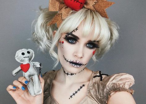 Voodoo Halloween Makeup, Zombie Geisha, Voodoo Doll Halloween Costume, Diy Voodoo Doll Costume, Voodoo Doll Makeup, Creepy Doll Costume, Kawaii Zombie, Voodoo Doll Costume, Voodoo Costume